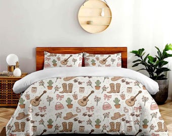 Western Cowgirl Country Duvet Cover Set – Boho Ranch Aesthetic Bedding, Cactus Boots Guitar Print, Coquette Western Microfiber 3pc Set