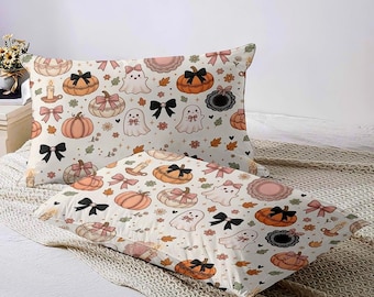 Cute Halloween Duvet Cover Set, Kawaii Coquette Pumpkin Ghost Pattern Bedding, Pastel Goth Bedroom Decor, Spooky Season Duvet, Teen Dorm Hal