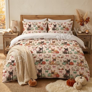 French Bulldog Fall Duvet Cover Set Twin Queen King, Coquette Pink Bow Pumpkin Bedding, Cute Frenchie Autumn Bedroom Decor 3pc Quilt Cover