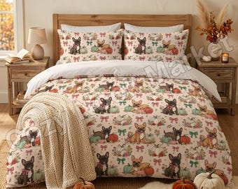 Set copripiumino autunnale con bulldog francese, disponibile nelle misure singolo, matrimoniale e king size, con motivo a zucca e fiocco rosa, ideale per la camera da letto autunnale. Copripiumino a 3 pezzi con simpatico bulldog francese.