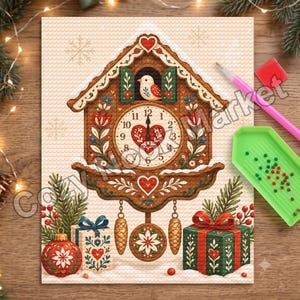 May include: A diamond painting kit featuring a gingerbread cuckoo clock design with a central heart, a bird, and floral motifs. Below are two gift boxes and a red ornament. Includes a pink stylus and a green tray with small colored beads.