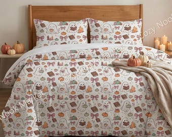 Cute Halloween Duvet Cover Set, Kawaii Ghost Pumpkin Spellbook Pattern Bedding, Pastel Goth Bedroom Decor, Spooky Season Duvet, Teen Dorm Ha