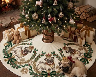 パグのクリスマスツリースカート、かわいい犬のツリースカート、パグ好きへのギフト、お祝いのクリスマスツリーデコレーション 2026 2027