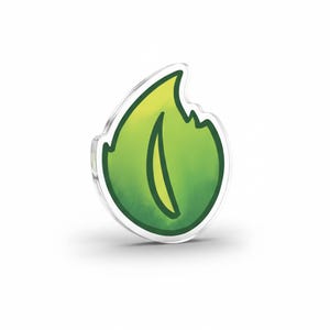 Könnte beinhalten: Ein klarer, blattförmiger Ansteckpin mit einem grünen und gelben Farbverlauf. Der Pin hat eine weiße Umrandung und einen kleinen Biss aus der oberen rechten Ecke. Die Blattform ist ein Symbol der Natur.