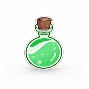 May include: A cartoon-style green potion bottle with a cork stopper. The bottle is round with a white outline and contains a swirling green liquid with small white bubbles. The cork is brown and textured.