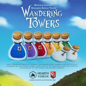 May include: A promotional image for Wandering Towers acrylic tokens. The image features six potion-shaped tokens filled with coloured glitter: blue, purple, red, orange, yellow, and green. Each token has a cork stopper and a small tag.