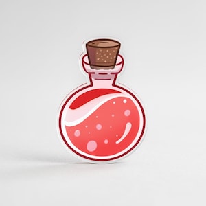 May include: A cartoon-style illustration of a potion bottle. The bottle is round with a red liquid inside and a cork stopper. The liquid has a white swirl and small pink bubbles. The bottle is outlined in red and has a white background.