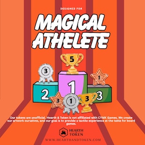 Może przedstawiać: Graficzna ilustracja do Magical Athelete przedstawiająca trójpoziomowe podium z numerami 1, 2 i 3. Na podium znajdują się złote trofea, srebrne rozety i brązowe gwiazdy z wartościami liczbowymi na pomarańczowym tle w pionowe pasy.