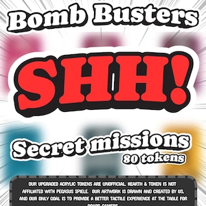 Może przedstawiać: Karta produktu do gry Bomb Busters z tekstem DESIGNED FOR Bomb Busters, SHH!, Secret missions, 80 tokens oraz zastrzeżeniem dotyczącym nieoficjalnych żetonów akrylowych. Tło z białymi promienistymi liniami i rozmytymi kolorowymi kwadratami.