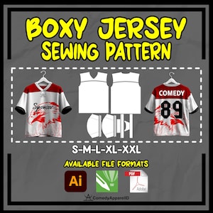 May include: A graphic showing a boxy jersey sewing pattern. The image includes jersey designs, pattern pieces, and the text "BOXY JERSEY SEWING PATTERN." Sizes S-XXL are listed, along with available file formats.