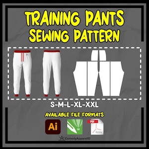May include: White training pants sewing pattern with red trim and drawstring. The image includes a visual of the pants, the pattern pieces, and the text "TRAINING PANTS SEWING PATTERN". Sizes S-XXL are available.