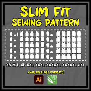 May include: A gray graphic with the text "SLIM FIT SEWING PATTERN" in yellow. The image includes a grid of white shirt outlines and size options from XS to 6XL. Available file formats are listed.