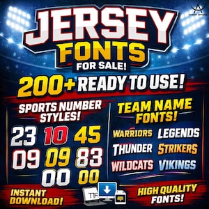 Könnte beinhalten: Eine digitale Grafik, die Trikotschriftarten zum Verkauf anbietet. Das Bild zeigt den Text "JERSEY FONTS FOR SALE!" und "200+ READY TO USE!" mit Beispielen für Sportnummernstile und Teamnamenschriftarten. Enthält eine Laptop- und Computergrafik mit einem Download-Pfeil.