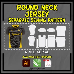 May include: A digital sewing pattern for a round neck jersey. The jersey design features a camouflage pattern with yellow and grey accents. Includes sizes S-XXL and available in AI and PDF formats. The text "ROUND NECK JERSEY SEPARATE SEWING PATTERN" is displayed.