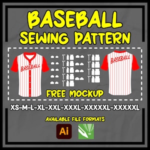 May include: A graphic with the text "BASEBALL SEWING PATTERN" in yellow. The image includes a red and white baseball jersey mockup, pattern pieces, and size options from XS to XXXXXXL. It also states "FREE MOCKUP" and "AVAILABLE FILE FORMATS".