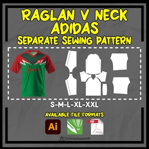 May include: A digital sewing pattern for a Raglan V-neck Adidas shirt. The design features a green and red shirt with a V-neck and the word "Sports" on the front. Includes pattern pieces and available in sizes S-XXL. Available file formats include PDF and AI.