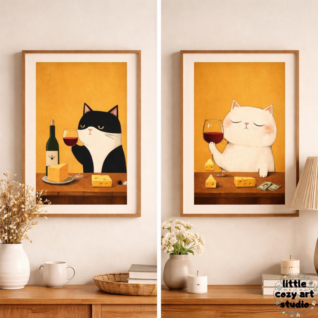 Funny Wine Cat Printable Art Set, Modern Bar Poster (Set of 2)