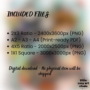 Op de afbeelding: Afbeelding met details over digitale downloadbestanden. De tekst "INCLUDED FILES" is zichtbaar, met bestandsgrootteverhoudingen: 2X3, A2-A3-A4, 4X5 en 1X1. De tekst "Digital download - No physical item will be shipped" is ook aanwezig.