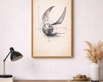 Poster Golden Winged Ball • Vintage fantasy-schets muurkunst (digitale download)