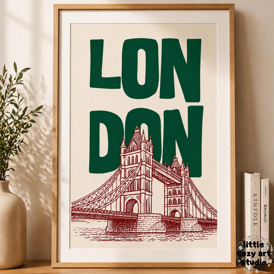 London Tower Bridge Print, Vintage Travel Poster, Minimalist Green ...