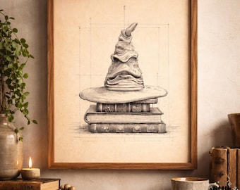 Vintage muurkunst tovenaarshoed – poster met antieke boekillustratie (digitale download)