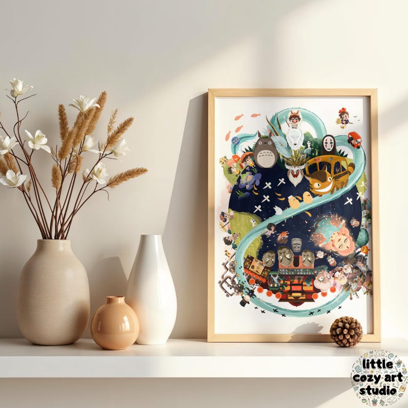 Op de afbeelding: Een ingelijste kunstprint met een kleurrijke illustratie van personages uit een populaire animatiefilm. Het kunstwerk toont verschillende personages, een gele bus en een blauwe rivier. De print wordt tentoongesteld op een witte plank.