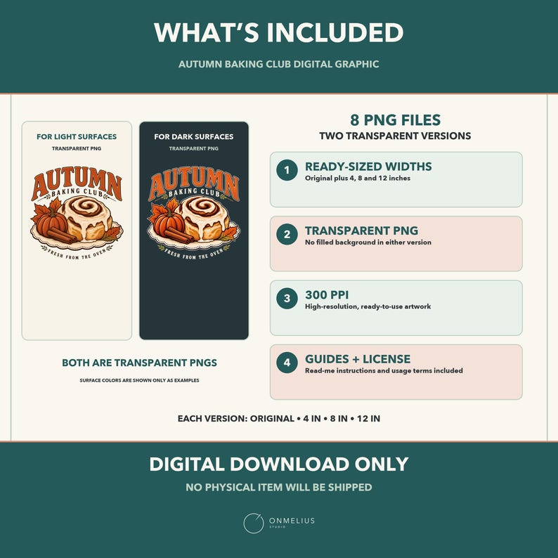 May include: A digital graphic set titled Autumn Baking Club featuring a cinnamon roll, pumpkin, and cinnamon sticks. Includes 8 transparent PNG files in 4, 8, and 12 inch widths at 300 PPI, with versions for light and dark surfaces and usage license.