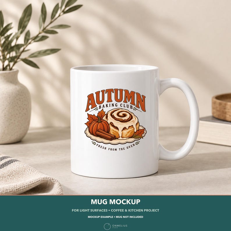 May include: A white ceramic mug featuring a graphic illustration of a cinnamon roll, a pumpkin, and cinnamon sticks. The text reads AUTUMN BAKING CLUB and FRESH FROM THE OVEN in orange and brown lettering, surrounded by small autumn leaf accents.