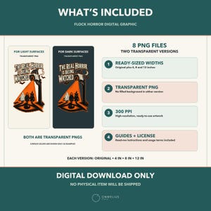 May include: A digital graphic set titled The Real Horror Is Being Watched featuring a security camera illuminating three trick-or-treaters with an orange beam. Includes eight transparent PNG files in original, 4, 8, and 12 inch widths at 300 PPI.