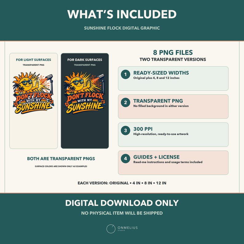 May include: A digital graphic file set titled Sunshine Flock featuring a cartoon sun wearing sunglasses and holding a flamingo, with the text Don't Flock With My Sunshine. Includes 8 transparent PNG files in original, 4, 8, and 12 inch widths at 300 PPI, plus guides and license information.