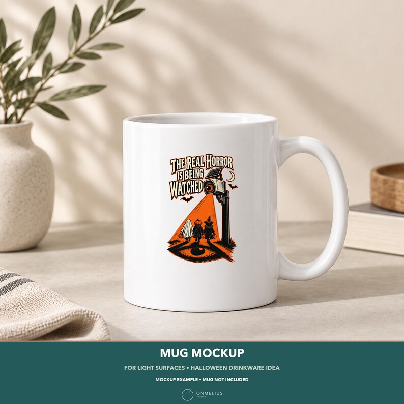 May include: A white ceramic mug featuring a graphic illustration of a security camera shining an orange light on three trick-or-treaters. The text above the camera reads, The Real Horror Is Being Watched, with small bats and a crescent moon.