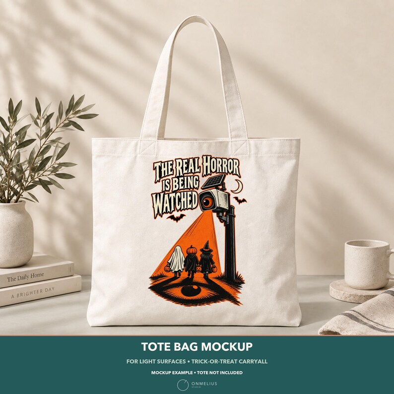 May include: A white canvas tote bag featuring a graphic print of a security camera shining an orange light on three figures dressed as a ghost, a pumpkin, and a witch. The text reads, THE REAL HORROR IS BEING WATCHED, with bats and a crescent moon.