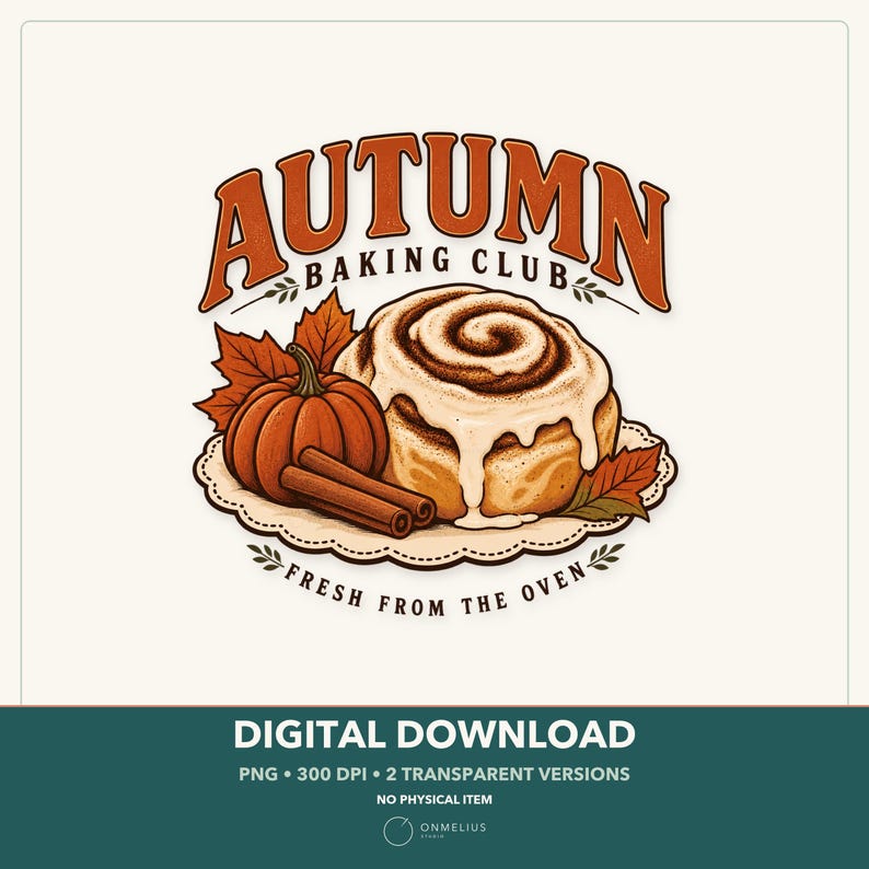 May include: A digital graphic illustration featuring a cinnamon roll with white icing, an orange pumpkin, and two cinnamon sticks on a scalloped doily. The text reads AUTUMN BAKING CLUB and FRESH FROM THE OVEN in orange and black lettering.