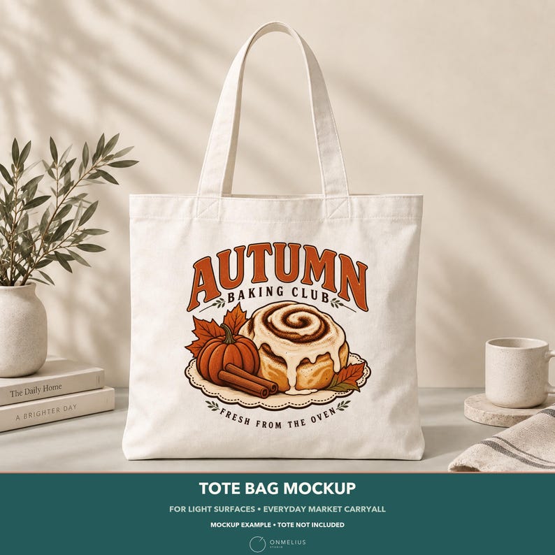 May include: A cream-colored canvas tote bag featuring a graphic print of a cinnamon roll, a pumpkin, and cinnamon sticks. The text reads "AUTUMN BAKING CLUB" in large orange letters and "FRESH FROM THE OVEN" in smaller black text below the illustration.