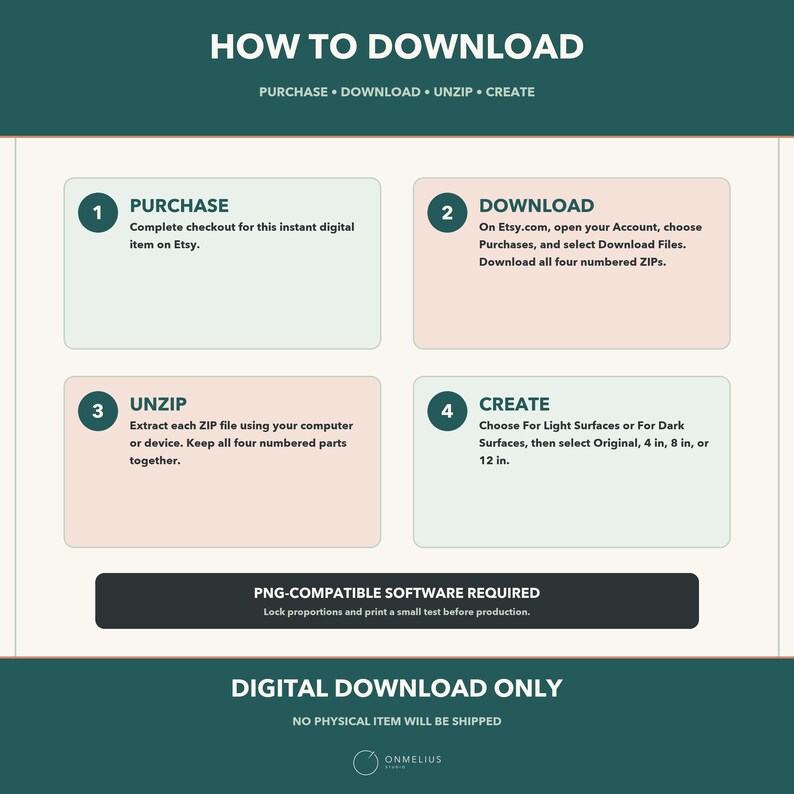 May include: An instructional graphic titled HOW TO DOWNLOAD with four numbered steps: 1. PURCHASE, 2. DOWNLOAD, 3. UNZIP, and 4. CREATE. It specifies PNG-compatible software is required, mentions 4 in, 8 in, or 12 in sizes, and states DIGITAL DOWNLOAD ONLY.