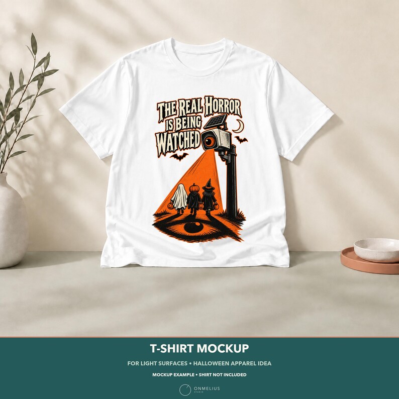 May include: A white t-shirt featuring a graphic print of a security camera casting an orange light beam onto three figures in Halloween costumes. The text reads, THE REAL HORROR IS BEING WATCHED, accompanied by a crescent moon and bats.