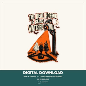 May include: A graphic illustration featuring a security camera with an eyeball lens casting an orange light beam onto three children in Halloween costumes. The text reads THE REAL HORROR IS BEING WATCHED, accompanied by bats and a crescent moon.