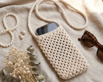 Crochet Phone Pouch Crossbody Bag, Boho Mobile Holder, Cotton Shoulder Purse, Festival Travel Accessory, Gift for Women, Beach Vacation Bag