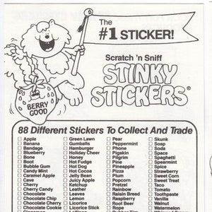 Trend Original Sammel und Tausch Checkliste für Kratz- und Schnüffelsticker - Vintage 80er Stinky List of 88 Sammlerstücke