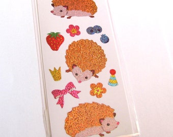 Mrs Grossman Adorable Glittery Hedgehogs Sticker Sheet Strip - Glitter Hedgehog Critter Animal Bow Blueberry Strawberry Sparkle Scrapbook