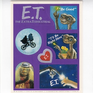 Rare Vintage Hallmark E.T. Extra Terrestrial Sticker Sheet - 80&#39;s Retro Alien Film Movie UFO Bicycle Moon Et