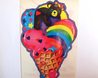 Lisa Frank Teddybeer op een regenboog ijs cone zeldzame JUMBO vintage sticker vel - 80's enorme dessert illustratie verzamelbaar