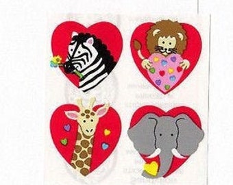 Cute Animals in Red Hearts Vintage Sandylion Sticker Mods - Lion Giraffe Elephant Heart Zebra Love Kromekote Scrapbook Teacher