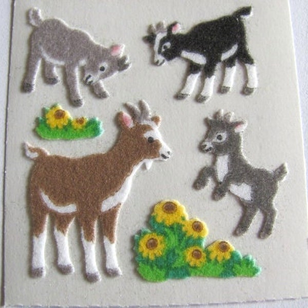 Adorable Goats Rare Vintage Sandylion Fuzzy Stickers - 80's Scrapbook Retro Pygmy Goat Sunflower Collage