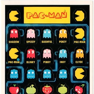 Hoja de calcomanías vintage raras de Pac-man: videojuego Pac-Man retro de los años 80, coleccionable de Atari Ghost Arcade