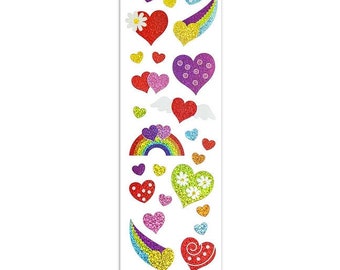 Mrs Grossman Glittery Rainbow Hearts Sticker Sheet Strip - Glitter Love Valentine Daisy Flower Sparkle Medley Scrapbook