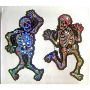 Rare Vintage Hambly Glitter Halloween Skeletons Sticker Mod - 80&#39;s Dancing Skull Bone Scrapbook