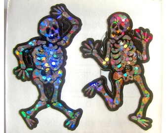 Rare Vintage Hambly Glitter Halloween Skeletons Sticker Mod - 80&#39;s Dancing Skull Bone Scrapbook