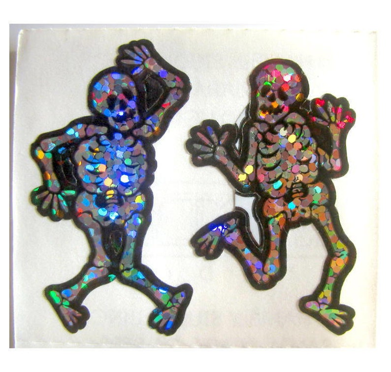 Rare Vintage Hambly Glitter Halloween Skeletons Sticker Mod 80's Dancing Skull Bone Scrapbook image 1