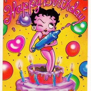 Rare Vintage Lisa Frank Betty Boop Happy Birthday Cake Sticker - Retro 80&#39;s Pin Up Flirty Burlesque Cartoon Illustration